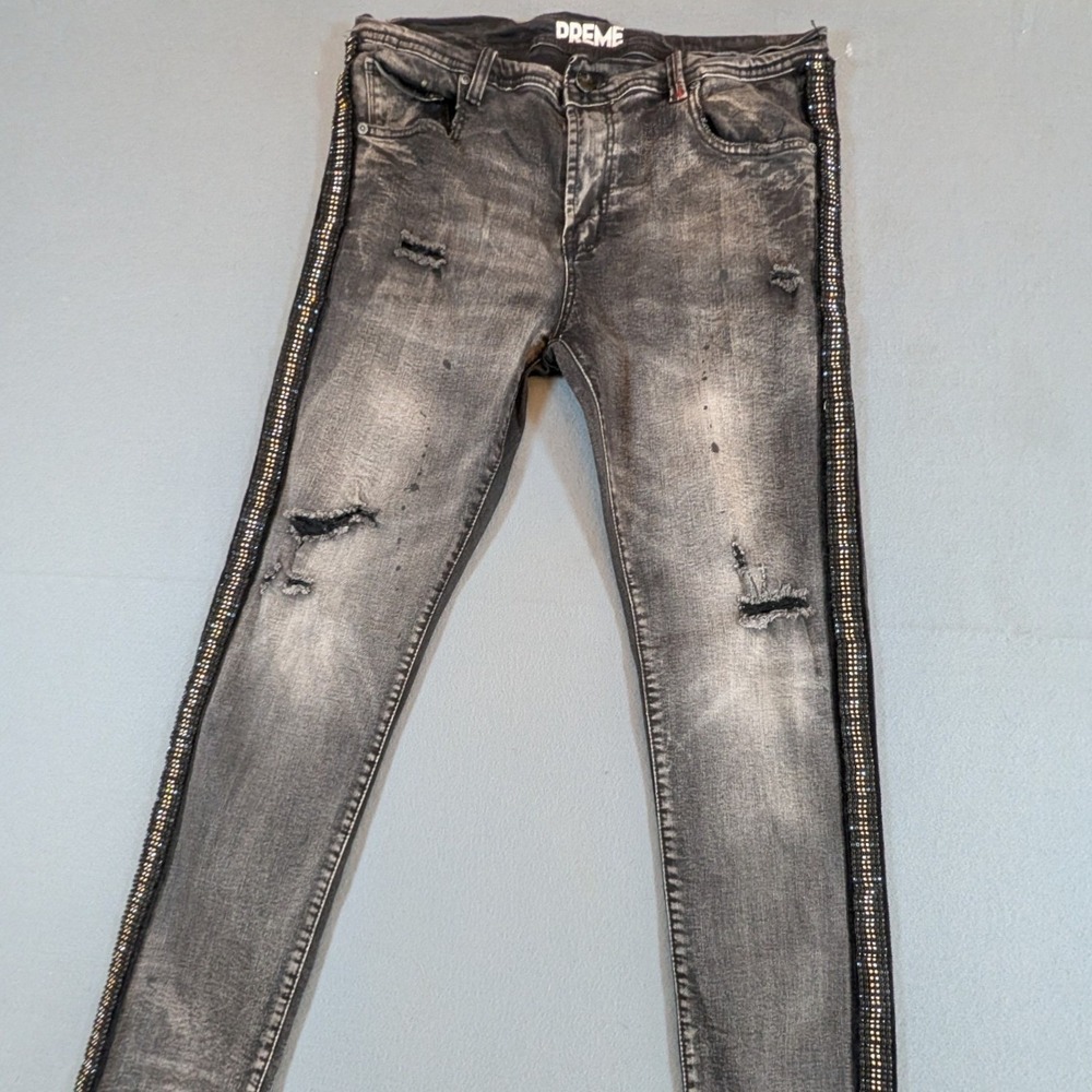 PREME Mens Jeans Distressed Size 38x34 Black Rhinestone Side Stripe Paint Splat‎